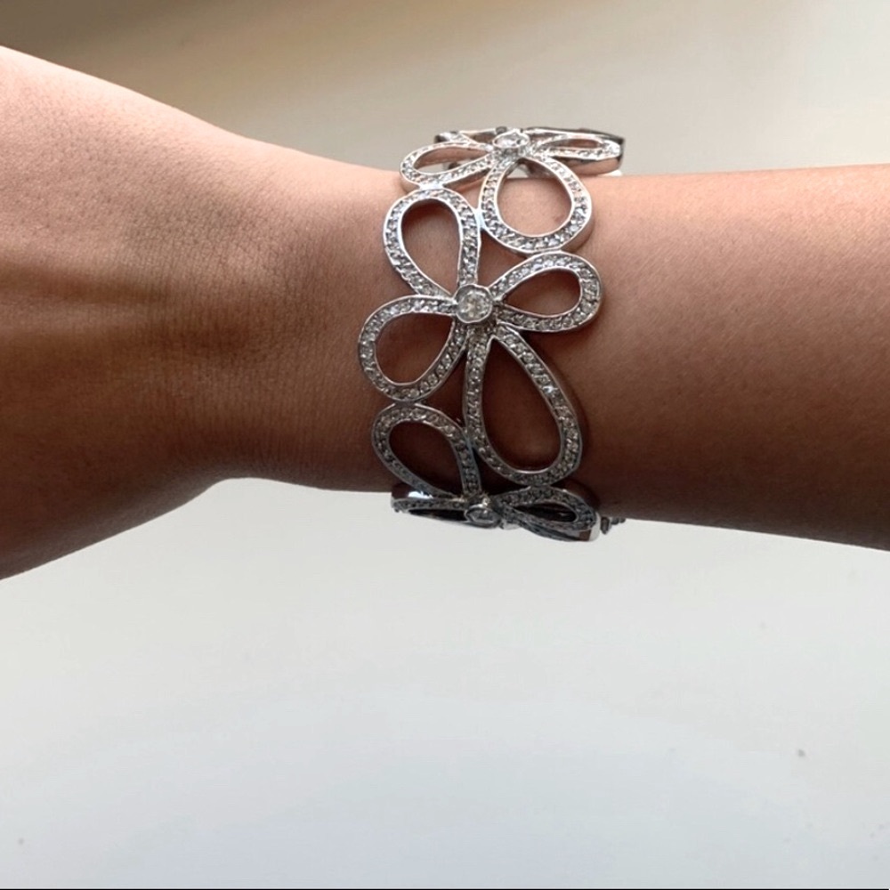 Silver faux diamond flowers floral wide bangle bracelet